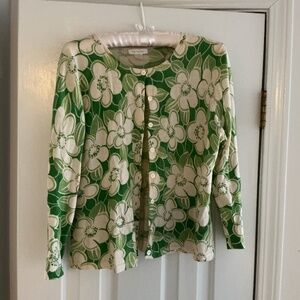 Garnet Hill Merino Wool Sweater Cardigan Green Floral L